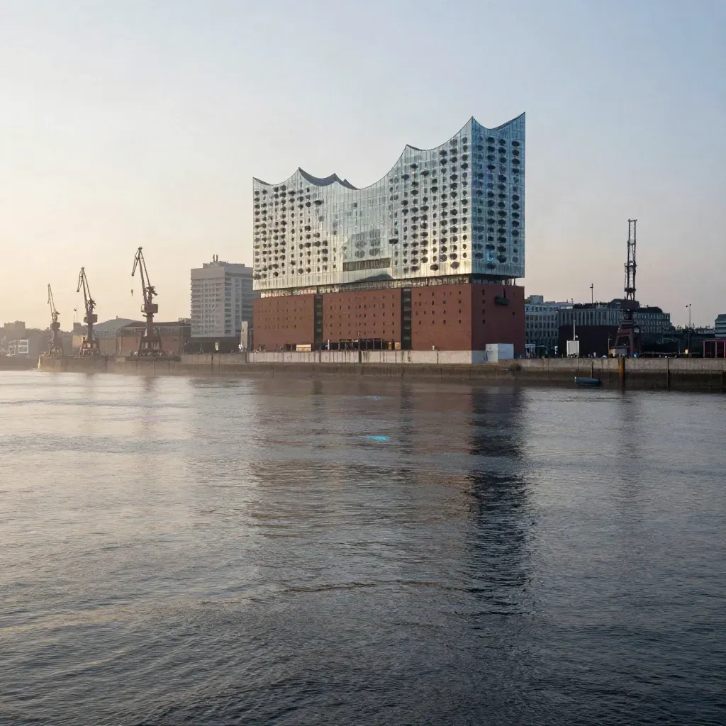 Hamburger Hafen im Abenddunst mit Elbphilharmonie, Kränen und stiller Wasserfläche