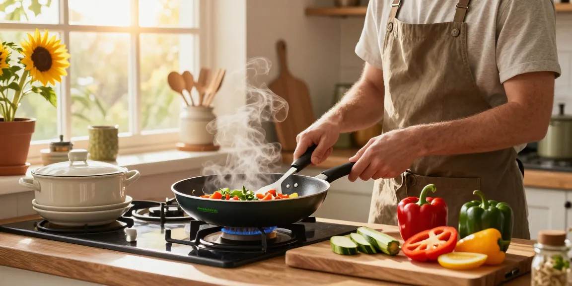Kochen mit einer PTFE freien Pfanne, die gesunde Gemüse und eine fröhliche Küchenumgebung zeigt.