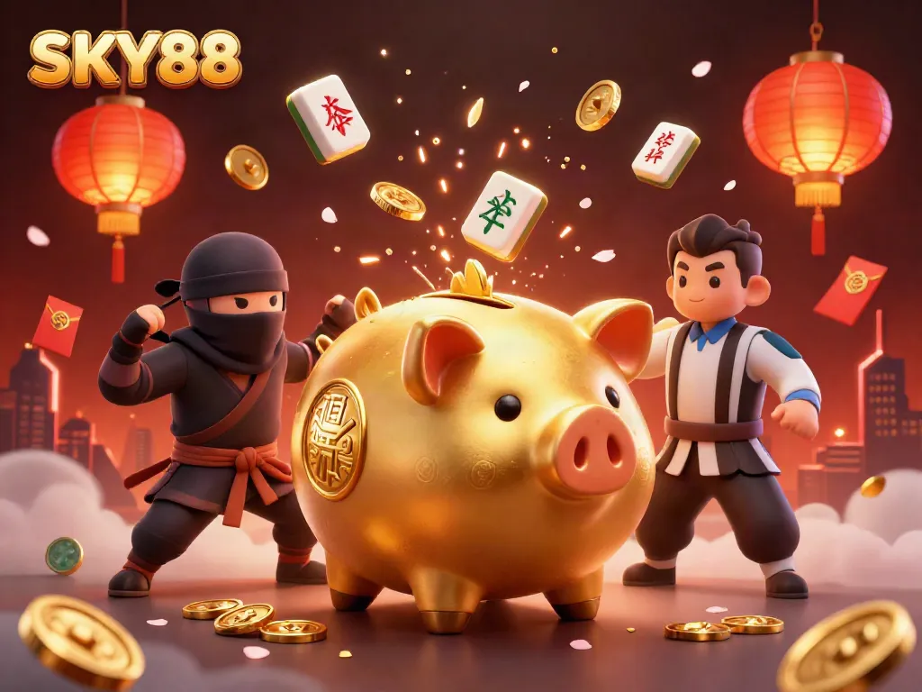 Experience thrilling gameplay at SKY88 with vibrant casino characters and festive elements in an exciting scene.