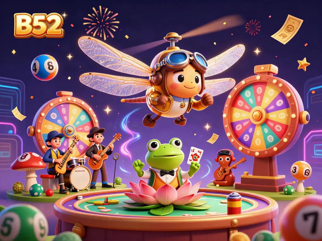 B52 casino illustration featuring a colorful dynamic scene with a dragonfly pilot, frog croupier, and vibrant game elements.