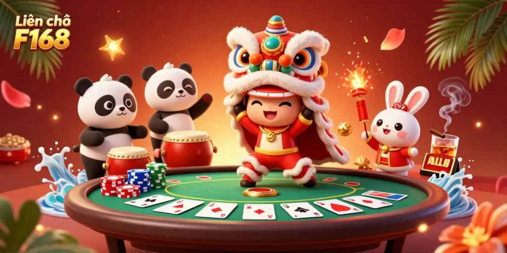 Engage with Liên hệ F168 featuring a vibrant lion dance in a casino setting, highlighting poker tables and festive details.