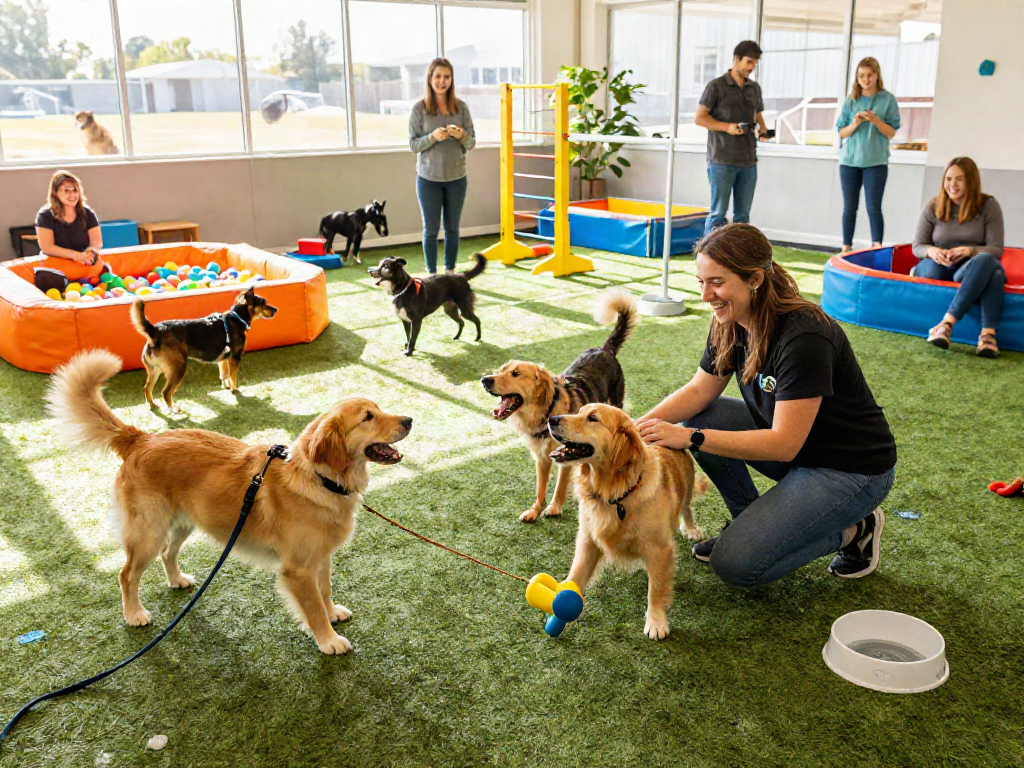 Dogs enjoying playtime in a vibrant daycare with depo 10k activity zones, staff interaction, and bright atmosphere.