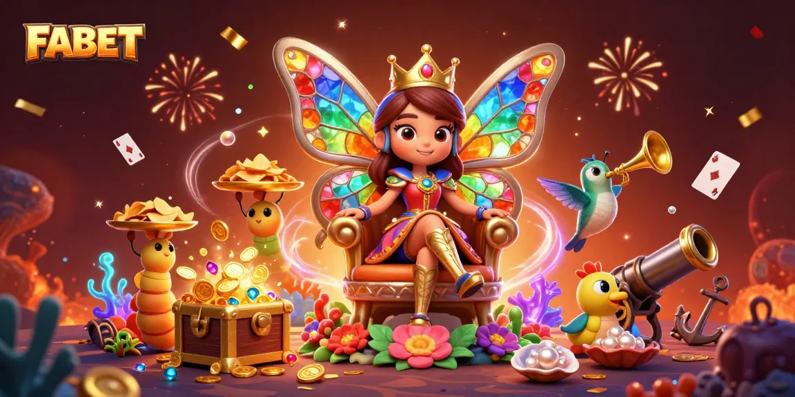 Experience FABET’s unique casino atmosphere with a vibrant illustration of a butterfly queen and celebratory elements.