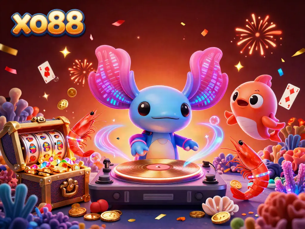 Experience the vibrant energy of xo88 as a neon axolotl DJ spins jackpot reels surrounded by dancing sea creatures.