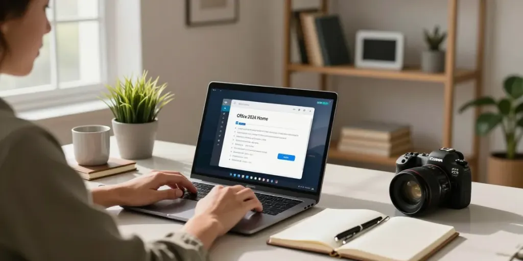 Moderne Home-Office-Szene mit der Anwendung Office 2024 Home auf dem Laptop, einladende Atmosphäre!