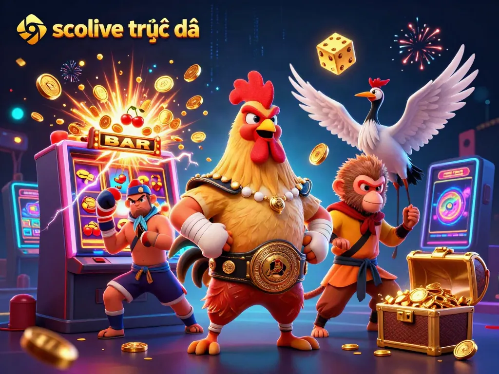 Engage with socolive trực tiếp in this vibrant 3D casino scene featuring unique characters and game elements.