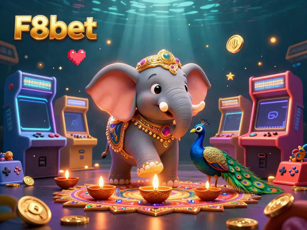 F8bet offers exciting casino adventures with a vibrant 3D illustration featuring an ornate themed elephant and energetic gaming elements.