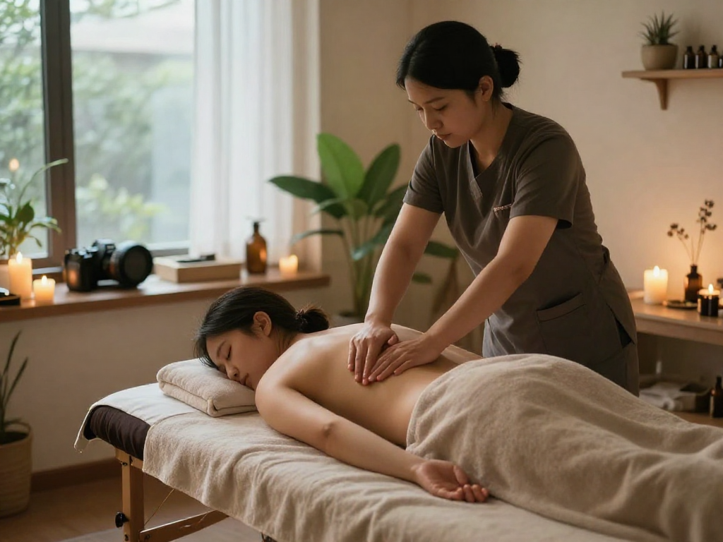 Relaxing 광명출장안마 therapy scene with therapist soothing client in a tranquil wellness studio.