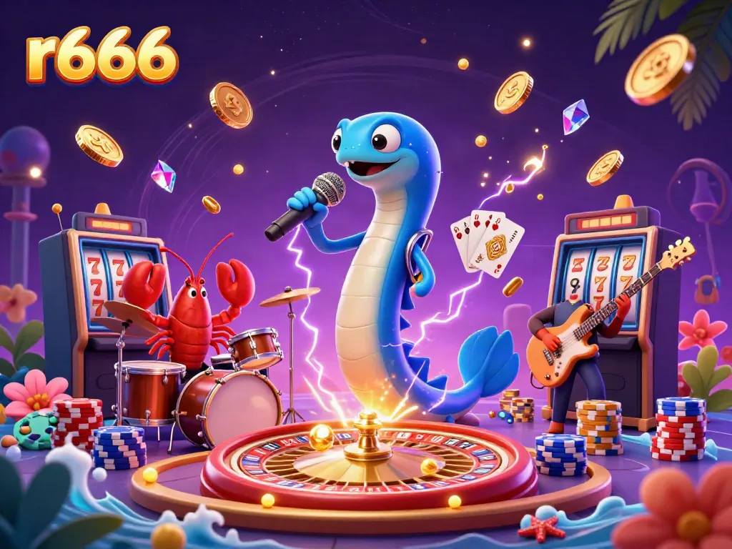 Experience r666's lively underwater casino with vibrant characters, golden coins, and dynamic game elements.