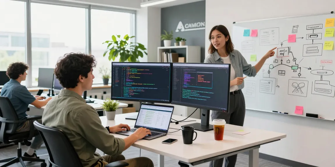 Dynamic tech workspace showcasing DEWI111 software development, featuring innovative coding interfaces and collaborative brainstorming environment.