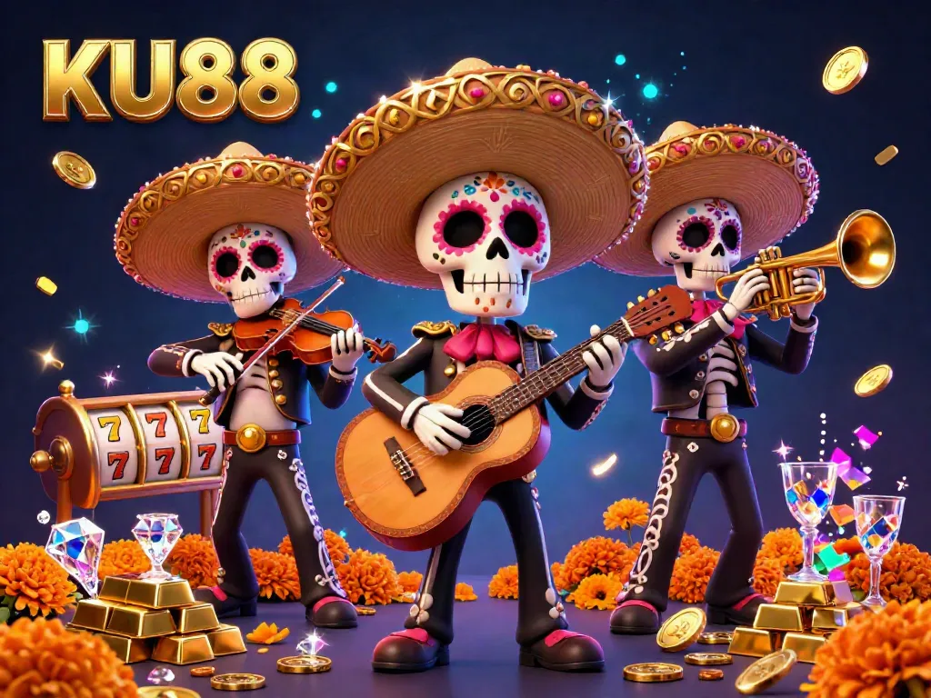 KU88 showcases a lively 3D illustration of a mariachi band amid a bustling casino scene filled with sparkling treasures and game elements.