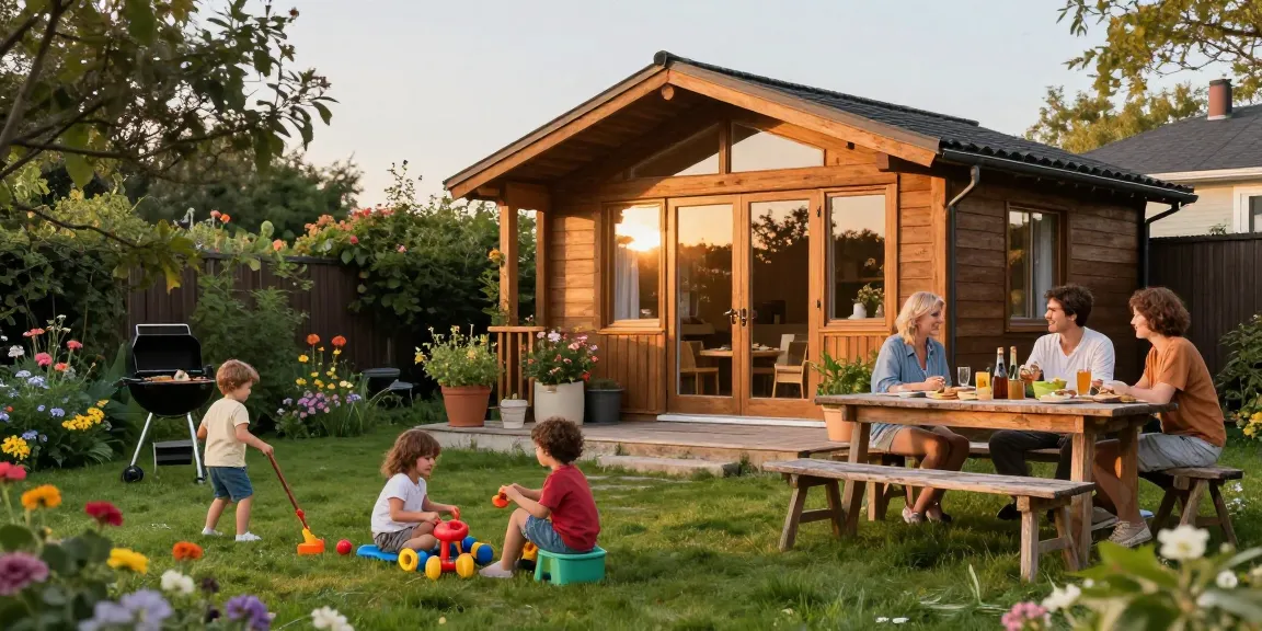 Gemütliches Familienessen vor einem Gartenhaus mit Blumen im Hintergrund.