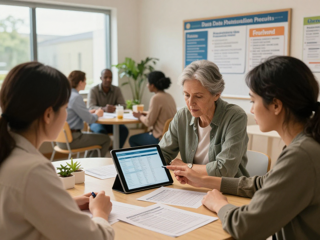 Privacy measures in soziale Einrichtungen illustrated by staff consulting on data protection.