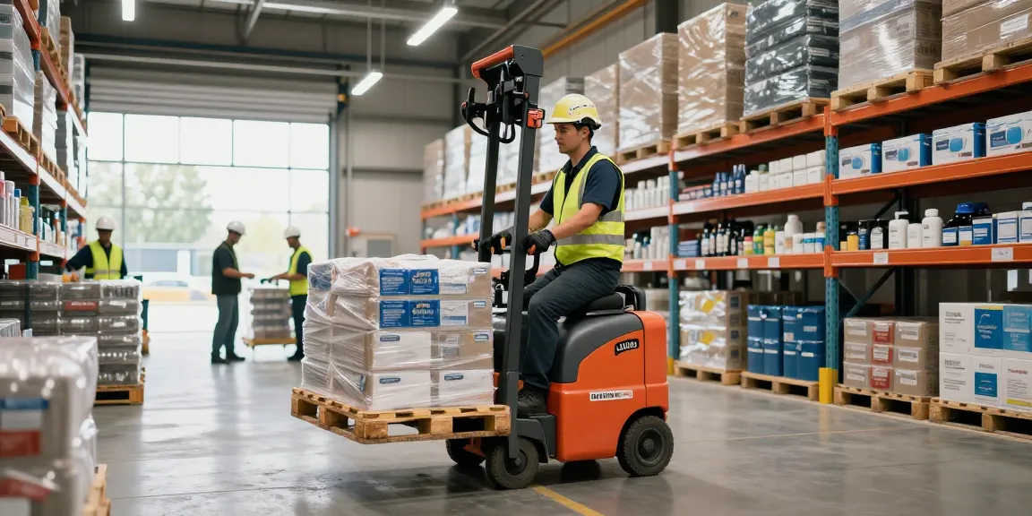 Linde Gabelstapler gebraucht im Einsatz, Bediener hebt Paletten in einem gut organisierten Lager, das Effizienz zeigt.