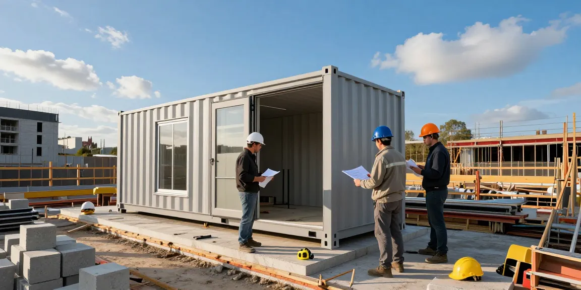 Ein moderner Bauplatz mit Container Fundament Platten, wo Arbeiter Container sicher auf einem Fundament sichern.