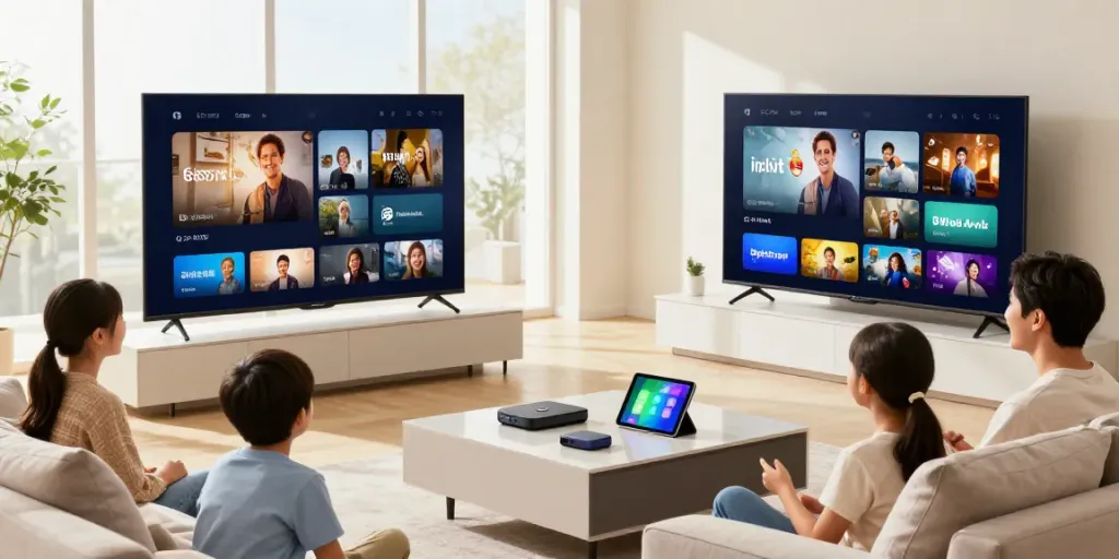 Familie genießt deutsches IPTV auf ihrem modernen Smart-TV im Wohnzimmer.
