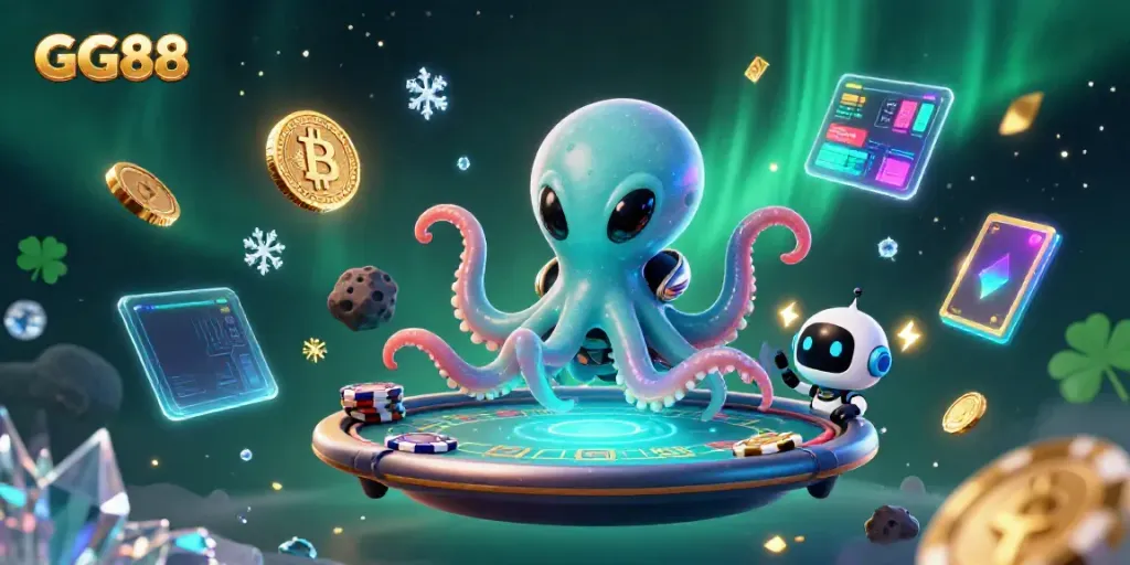 Experience immersive gambling at GG88 with an alien octopus and crypto-themed poker table illustration.