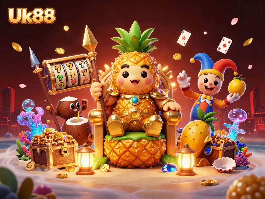 Experience the vibrant world of Uk88 with golden cannons and animated characters on a beach casino.