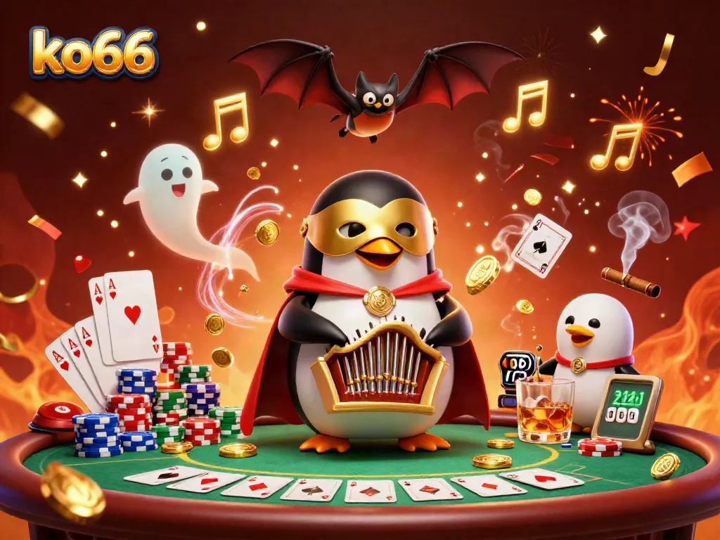 Engage in thrilling action at ko66 with a penguin organist surrounded by casino elements.