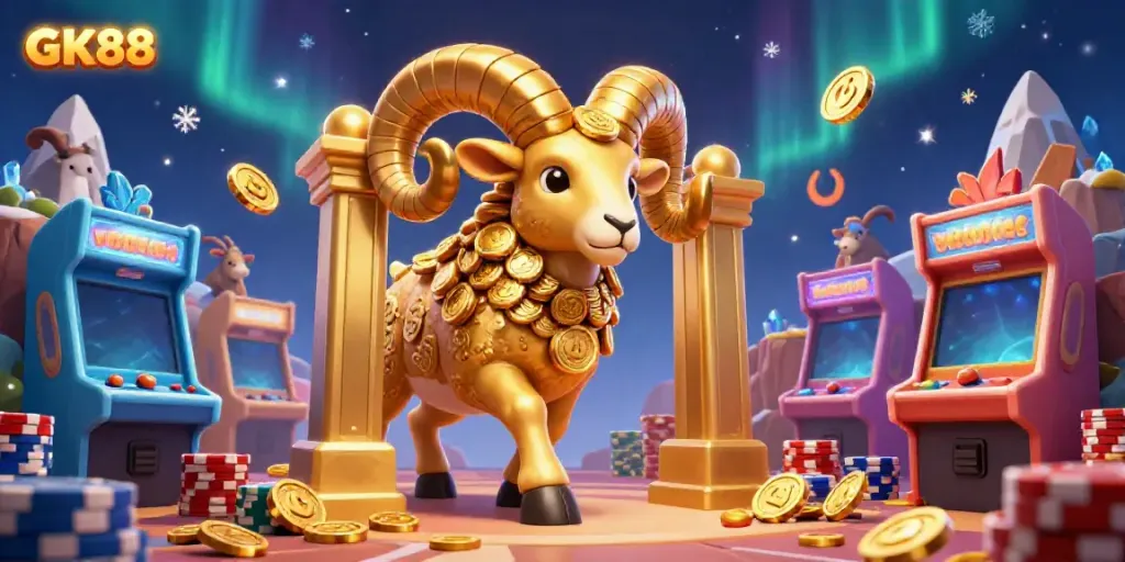 Experience thrilling slots and jackpots at GK88, featuring dynamic golden ram at a casino.
