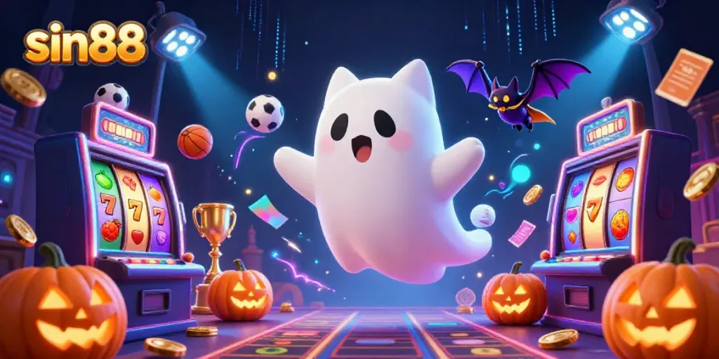 Experience sin88's thrilling casino adventure with a cartoon ghost cat and vampire bat amidst slot machines.