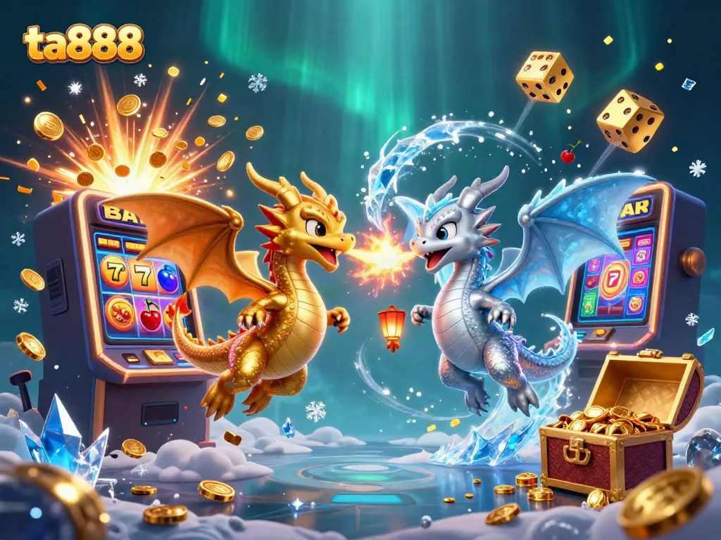 Experience the thrilling action at ta888 with golden and silver dragons amidst a dynamic casino celebration.