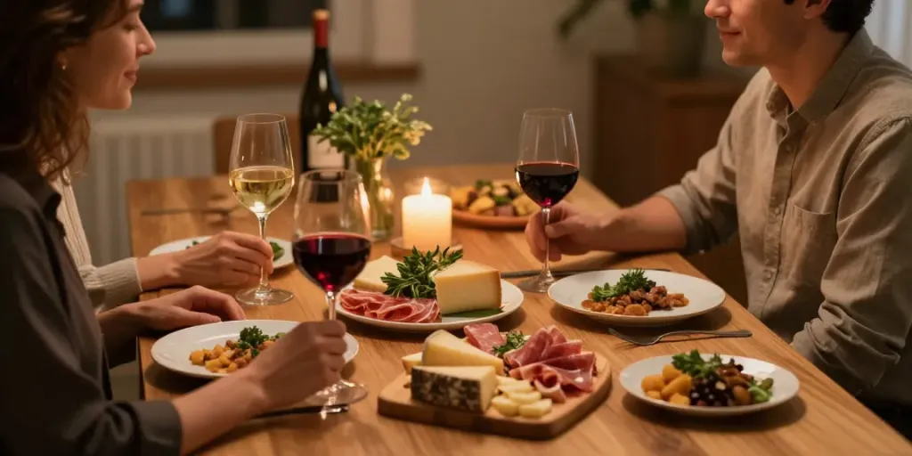 Gemütliche Essensszene mit Wein zum Essen, gedecktem Tisch und köstlichen Speisen.
