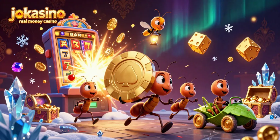 Engage in the jokacasino real money casino adventure with animated ants heisting a giant poker chip amidst jackpot excitement.