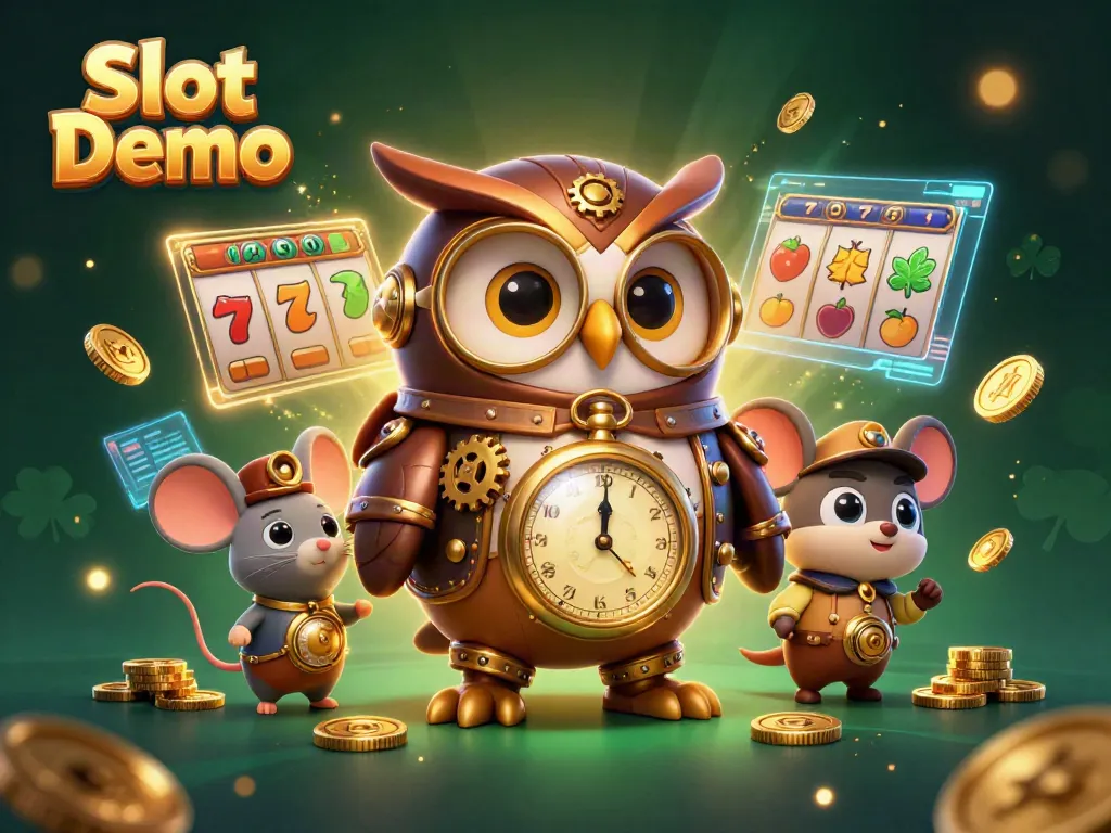Engage with our enchanting Slot Demo world featuring a time-traveling owl and vibrant slot elements.