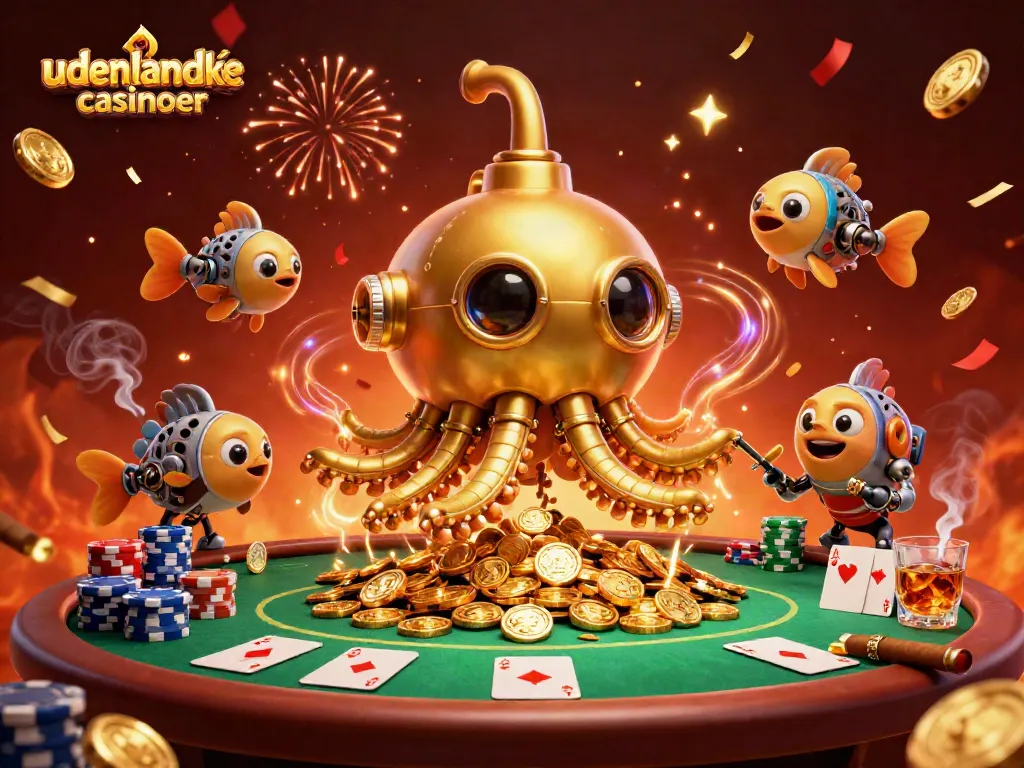Experience the allure of udenlandske casinoer with a vibrant 3D scene of a golden kraken and poker elements.