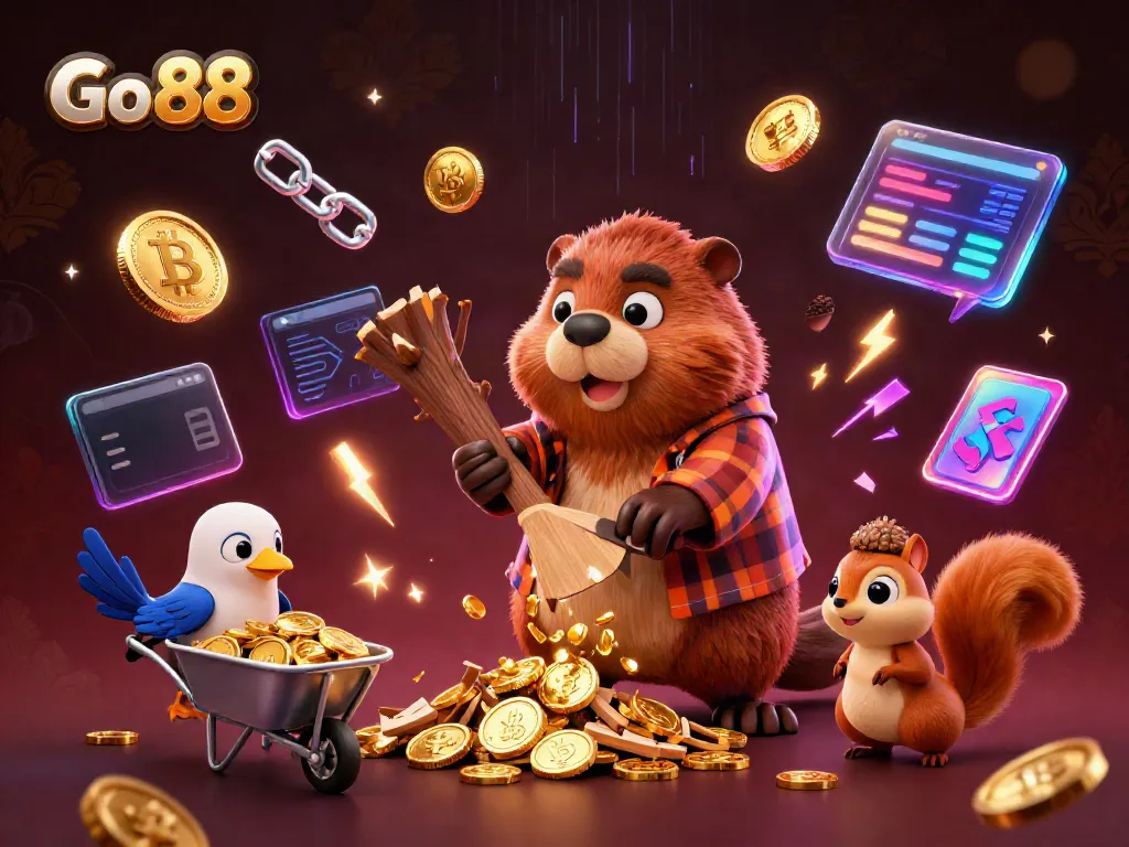 Capture winnings at Go 88 as a beaver collects golden coins in a vibrant casino setting.