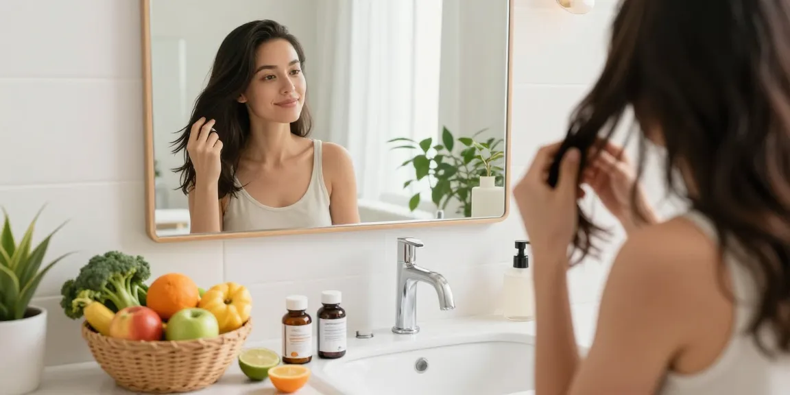 Nahrungsergänzungsmittel für Haare in einem hellen Badezimmer, Frucht- und Gemüseauswahl sowie Vitaminflaschen, die ganzheitliche Gesundheit zeigen.