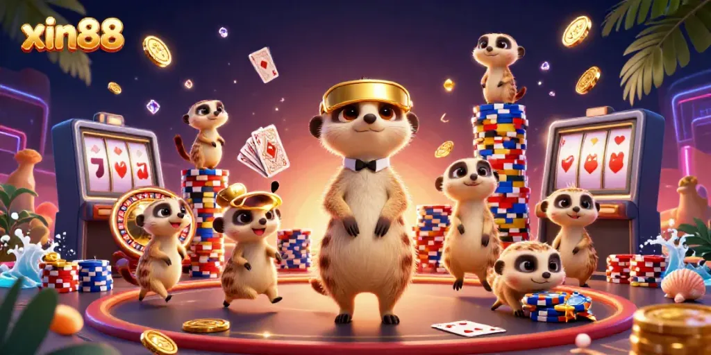Experience excitement at xin88 by playful meerkats managing a vibrant casino scene.