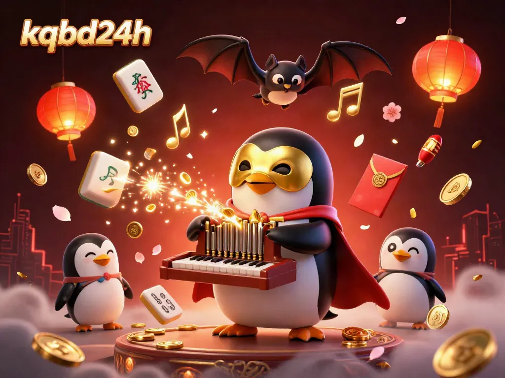 Experience kqbd24h with a vibrant 3D casino scene featuring unique characters and festive elements.