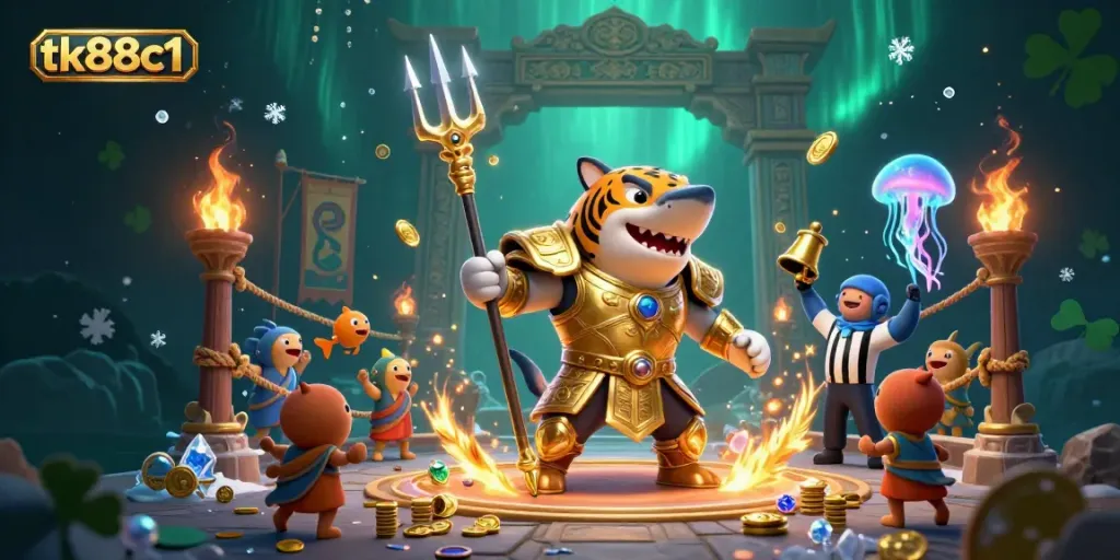 Bet on your fortune with tk88c1 in an underwater gladiatorial casino scene featuring a tiger shark and a jellyfish referee.