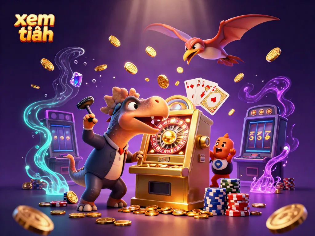 Experience excitement with a pachycephalosaurus playing a slot machine as coins rain down; xem thêm for details!