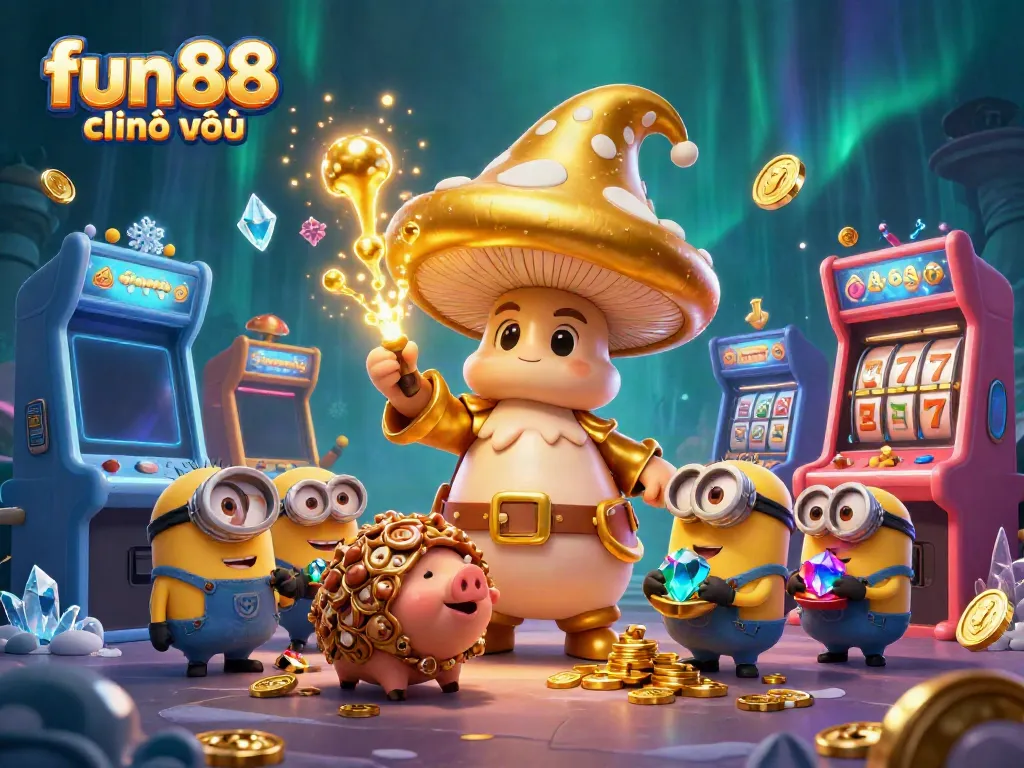 Experience the magic at fun88 chính thức with a golden mushroom wizard in a colorful casino world.