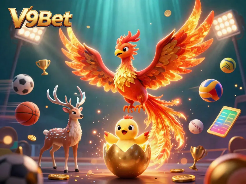 Engage with thrilling experiences at V9Bet, featuring a vibrant 3D phoenix and sports elements.
