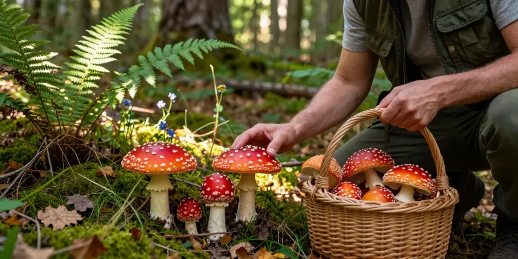 Fliegenpilz kaufen: Frisch gepflückte Amanita muscaria in einem Korb im Wald