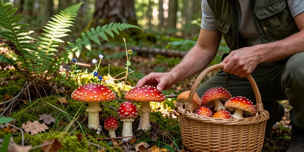 Fliegenpilz kaufen: Frisch gepflückte Amanita muscaria in einem Korb im Wald