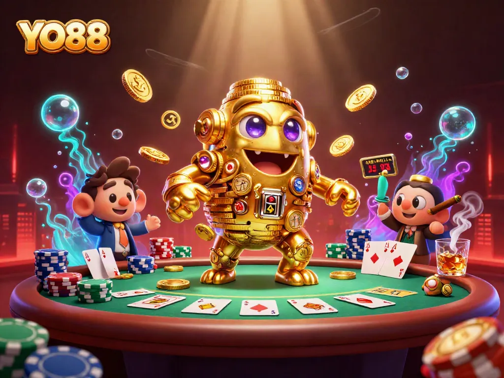 Experience thrilling gameplay with the YO88 golden golem amidst vibrant casino elements.