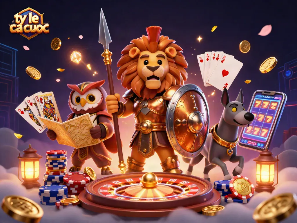 Engage in ty le ca cuoc as a Spartan lion leads the charge in a vibrant casino scene.