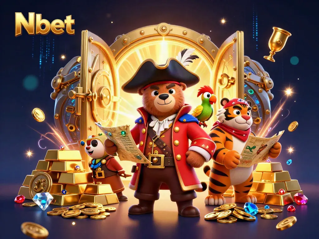 Nbet brings excitement with a dynamic 3D casino illustration featuring a pirate bear, fierce tiger, and golden treasure.