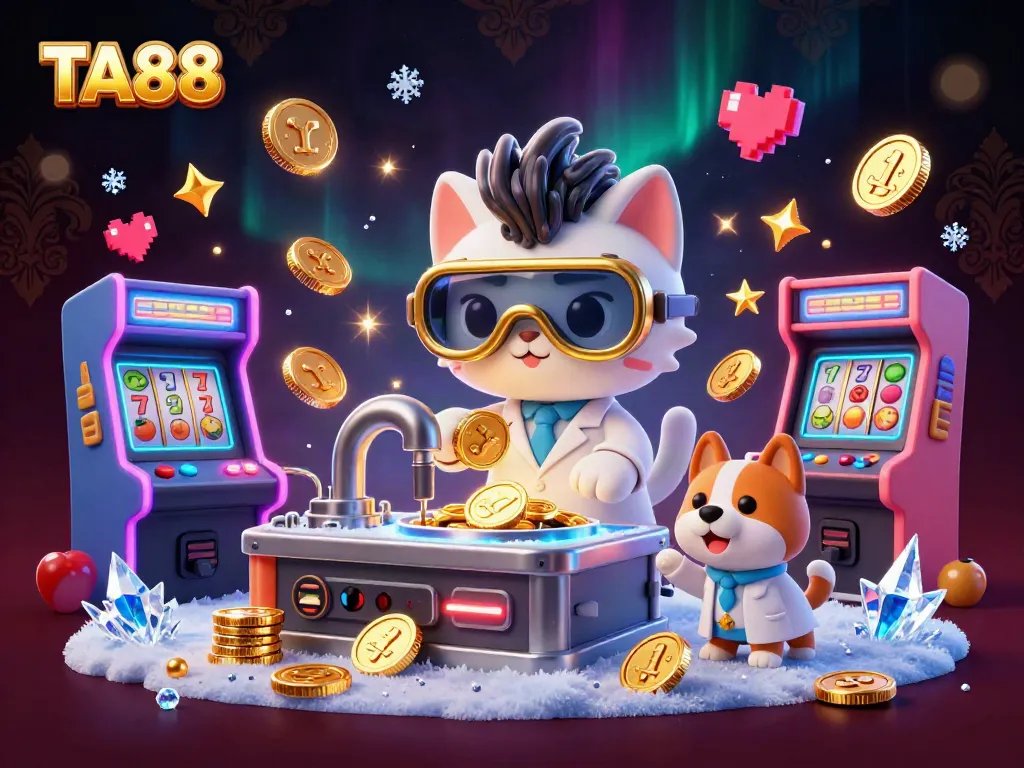 Experience the excitement of TA88 with a vibrant casino-themed 3D illustration featuring games, gold coins, and a mad scientist cat.