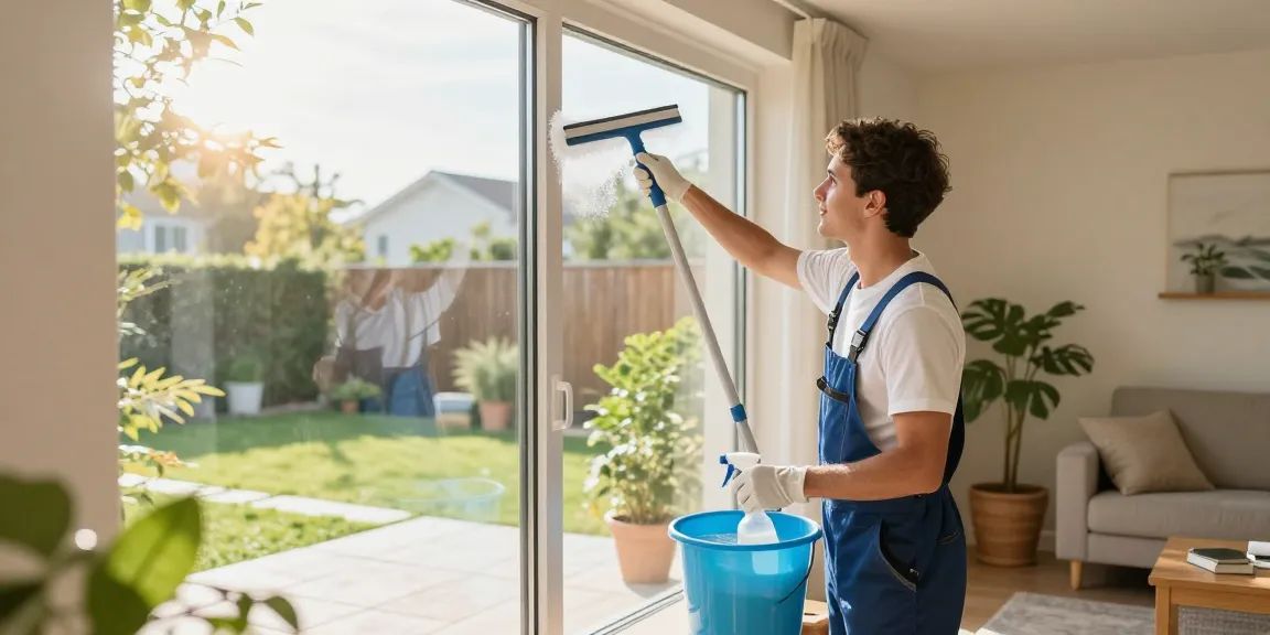 Window cleaner performing fensterreinigung solothurn in bright living room with plants and natural light.