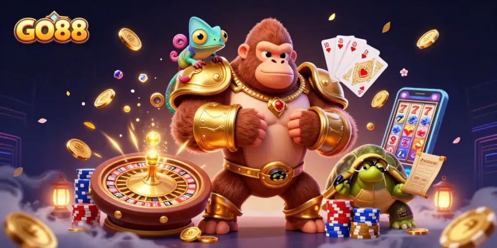 Experience the thrill of gambling at GO88 with exciting characters and vibrant casino elements.
