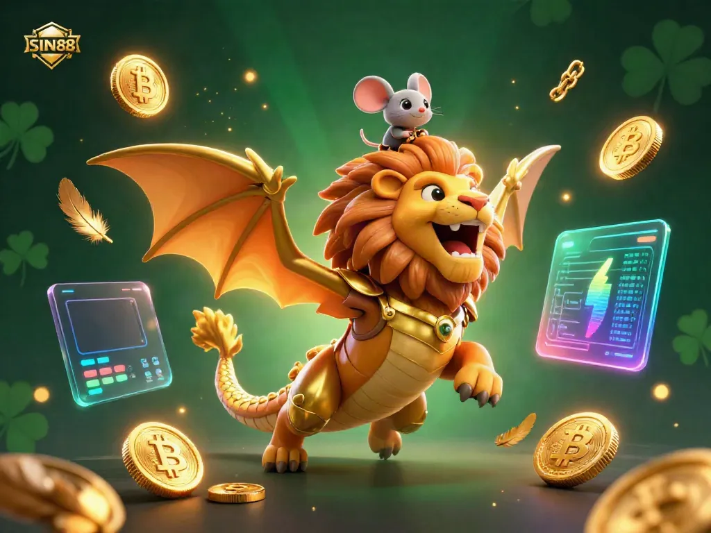 Experience the excitement at SIN88 with a roaring chimera surrounded by vibrant cryptocurrency elements and gaming symbols.