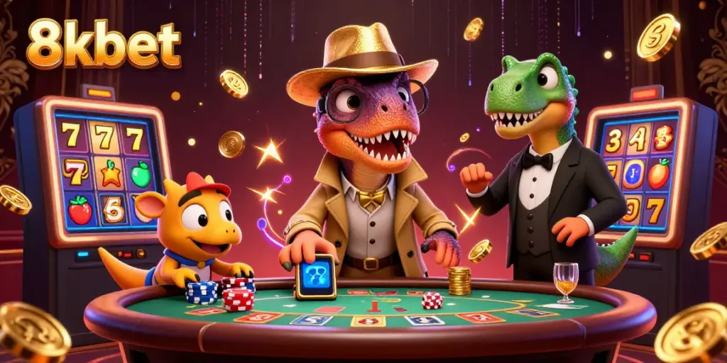 Velociraptor card counter sneakily playing at 8xbet casino surrounded by exciting slot symbols.