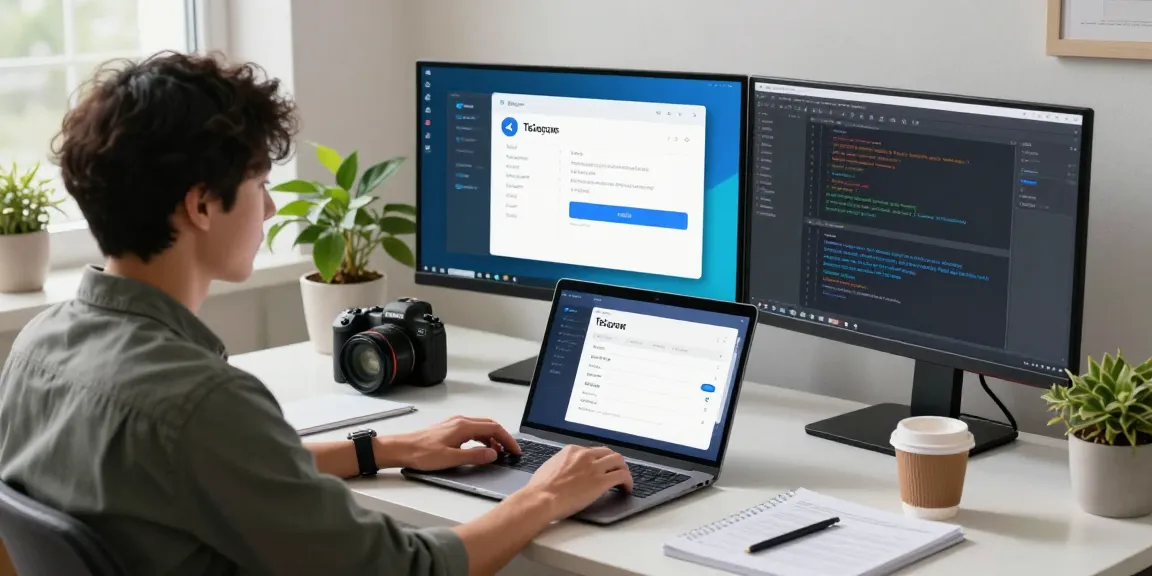 Developer applying Telegram中文 settings at a modern workspace with dual monitors and language options.