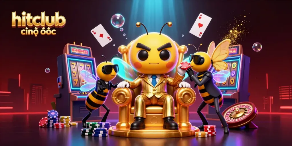 Hitclub chính thức features a 3D cartoon bumblebee mob boss in a casino-themed scene surrounded by vibrant gaming elements.